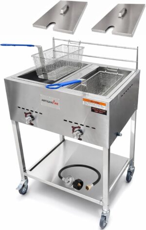 Outdoor Two Tank Propane Deep Fryer Cart-Large Stainless Steel 2 Basket Deep Fryer-8 Gal. Oil Capacity-32 QT.-With 2 Thermometers, Hose & Regulator-Ideal for Home & Commercial