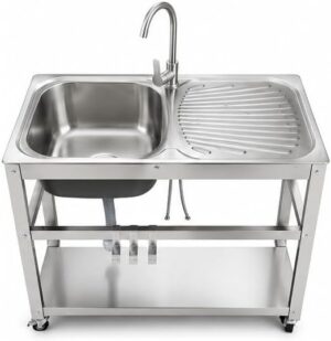 Stainless Steel Utility Sink Cart- Freestanding Single Bowl Sink with Faucet-Hot & Cold Water Supply Lines, Fast Drainage-Wash Board-Kitchen Sink, Laundry, Garage, Garden-Ideal for Home & Commercial