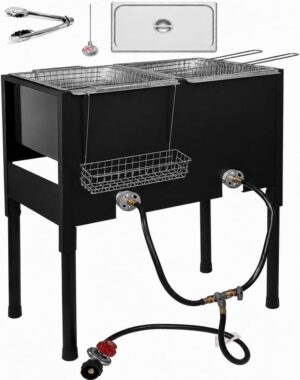 Triple Propane Deep Fryer-3 Basket Stainless Steel Cooker-8 Gal. Oil Capacity-32 QT.-Outdoor Fish Fry/Turkey/Chicken Wings Deep Fryer-148,000 BTU with Hose and Regulator-Ideal for Home & Commercial