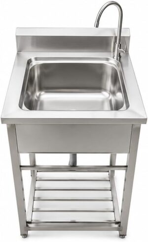 Stainless Steel Utility Sink-22 Inch Freestanding Single Bowl Sink with Faucet-Hot & Cold Water Supply Lines, Fast Drainage-Kitchen Sink, Laundry Room, Garage, Garden-Ideal for Home & Commercial Use