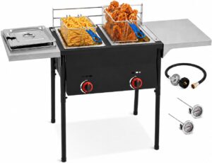 Two Tank Propane Deep Fryer-2 Basket Stainless Steel Cooker-Fry Fish/Chicken-Outdoor Fryer Cart-4 Gal. Oil Capacity-16 QT-with 2 Thermometers and Regulator