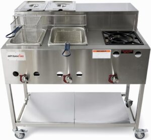 Stainless Steel Propane Deep Fryer Cart with Vortex Stove-3 in 1 with Food Steamers-Cast Iron Burner Stove-with Hose & Regulator + Thermometer-Ideal for Commercial and Home Use